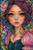 Fantasy girl with violet hair surrounded by colorful stained glass florals and soft pink blossoms.