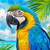 Blue and gold macaw tropical bird diamond painting artwork overlooking a turquoise ocean and palm trees.