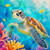 Sea turtle swimming gracefully through a colorful coral reef surrounded by tropical fish.
