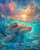 Elly AI baby seal riding on whale in ocean with glowing sunset sky and waves