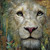 Elly AI close-up portrait of white lion with textured artistic background and soft green tones