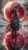 Mysterious hooded figure standing before a glowing crimson moon with red petals and reflections across dark water.