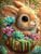 Adorable bunny resting in a hanging succulent garden basket surrounded by colorful flowers and cascading greenery.