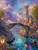 Stone lighthouse and bridge overlooking turquoise water, surrounded by flowers, lanterns, and a glowing coastal village.