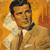 Vintage-inspired portrait of a distinguished gentleman in a tan suit and tie against a warm golden geometric background.