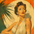 Vintage glamour portrait of an elegant woman in a white dress framed by tropical palm leaves and a warm sunset backdrop.