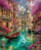 Dreamlike Venetian canal lined with pink flowering buildings, gondolas floating on turquoise water, and grand domed architecture in the distance.