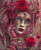 Elegant masked woman adorned with red roses, crimson jewels, and ornate Venetian-inspired costume details.