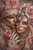 Romantic masked couple dressed in luxurious pink Venetian costumes adorned with roses and sparkling jewels.