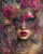 Elegant woman wearing a sparkling magenta Venetian mask adorned with roses, feathers, lace, and ornate gold details.