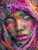 Beautiful woman with vibrant pink and gold face accents, colorful scarf, and sparkling eyes.
