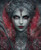 Dark fantasy queen with glowing red eyes, ornate black jewelry, and dramatic gothic styling.