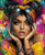 Fashionable young woman surrounded by colorful graffiti-inspired artwork and vibrant contemporary colors.