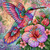 Colorful hummingbird perched among vibrant pink and purple flowers with intricate decorative feather details.