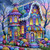 Colorful fantasy candy cottage surrounded by lollipops, gumdrops, glowing windows, and whimsical winter trees by Finira Art.