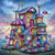 Large whimsical candy mansion with colorful towers, heart-shaped doors, lollipops, and pastel gardens.