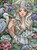 Elegant woman surrounded by blooming lotus flowers and graceful herons in a peaceful garden.