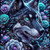 Black wolf with glowing teal eyes surrounded by blue roses, purple flowers, and mystical floral elements.