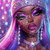 Glamorous African American woman with sparkling purple makeup, diamond jewelry, and vibrant pink hair surrounded by shimmering lights