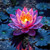 Radiant pink lotus flower glowing on dark water surrounded by lily pads and soft reflections.