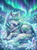 Majestic fantasy wolf resting beneath vibrant northern lights surrounded by glowing crystals, moon charms, and icy winter flowers in an enchanted snowy landscape.