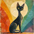Sophisticated black cat sitting beneath a glowing moon with colorful retro rainbow arches in a mid-century modern design by 1000 No Kotoba.