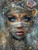 Mystical woman with striking blue eyes adorned with flowers, jewels, butterflies, and an ornate veil.