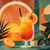 Bright tropical sunrise cocktail with orange slice and cherry overlooking an ocean sunset in retro mid-century modern style by 1000 No Kotoba.