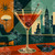Classic Manhattan cocktail with cherry garnish overlooking a modern city skyline in stylish mid-century modern artwork by 1000 No Kotoba.