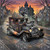 Classic movie monster driving a spooky hot rod through a haunted town at sunset.