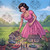 Towering retro housewife striding through a city in a playful vintage monster movie scene.