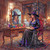 Elegant witch sitting at a vanity gazing into a magical mirror beside potions and a white cat.
