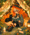 Young witch reading a magical book beside her black cat beneath glowing fairy lights inside a cozy autumn hideaway.