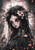 Dark fantasy spirit with glowing crimson eyes surrounded by twisted branches and pale blossoms beneath a full moon.