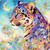 Elegant leopard portrait surrounded by colorful floral vines, stars, and celestial accents on a pastel background.