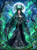 A dark fantasy Maleficent-inspired witch portrait by Dreamy Witch featuring a horned sorceress in a black and emerald gown, glowing green magic, raven companion, moonlit forest, and gothic castle in the distance.