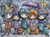 Cute Halloween children dressed as witches, pumpkins, bats, and cats trick-or-treating through a whimsical spooky village with pumpkins and bats.