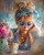 Young woman wearing oversized sunglasses and a floral headscarf relaxing beside coffee, flowers, and a laptop.