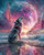 Majestic wolf howling toward an enormous glowing moon while standing at the edge of a tranquil ocean beneath colorful cosmic skies.