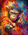 Colorful chimpanzee pointing playfully toward the viewer surrounded by bold abstract splashes of vibrant paint.