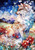 Elegant fox sitting among blooming flowers beneath a sparkling night sky filled with stars and decorative vines.