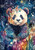 Adorable panda surrounded by stars, curling vines, and a colorful sunset sky overlooking a peaceful lake.