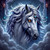 Majestic silver horse with flowing white mane, glowing amber eye, and sapphire jeweled headpiece emerging from moonlit clouds.