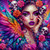 Colorful fantasy woman surrounded by rainbow feathers, roses, hearts, and decorative skulls in a vibrant pop-art composition.