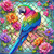 Brilliant tropical parrot perched among colorful flowers and flowering vines within an elegant stained-glass inspired garden.