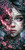 Close-up fantasy woman with glowing pink eyes merging with flowering branches and butterflies.