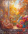 Cozy window with books overlooking colorful autumn trees and a vibrant bouquet of seasonal flowers.