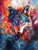 Powerful wolf portrait painted with fiery red, orange, and blue brushstrokes against a dramatic abstract background.