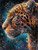 Colorful leopard portrait featuring vivid orange, blue, and gold tones against a dramatic modern artistic background.