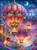 Fantasy hot air balloons floating above a colorful magical city beneath a crescent moon and star-filled sky.